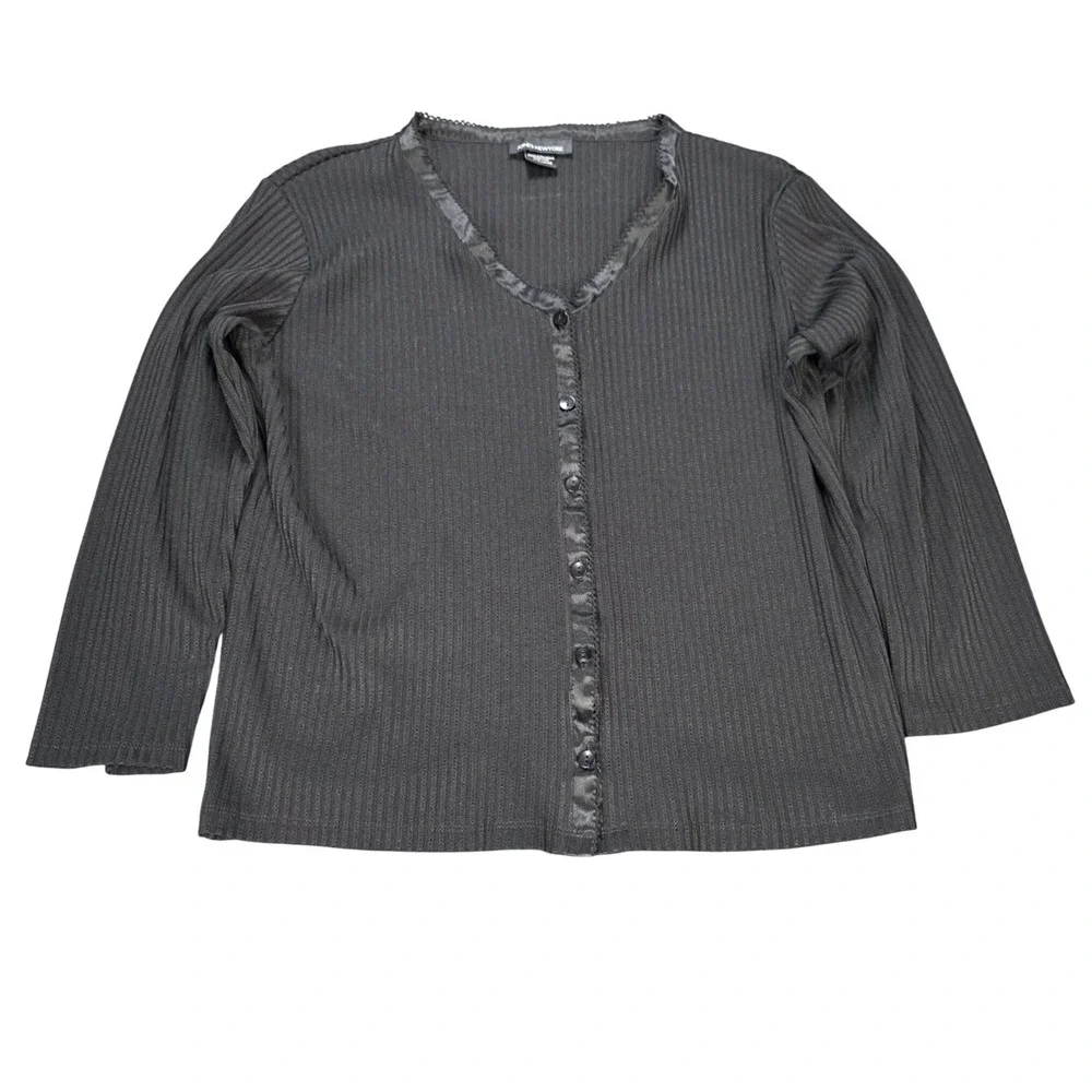 Jones New York Ribbed Button Front Cardigan‎ Women's XL Black Satin Trim V-Neck
